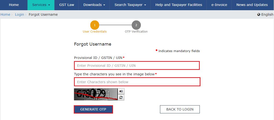 gst.gov.in Forgot Password screen with username and CAPTCHA fields before OTP delivery.