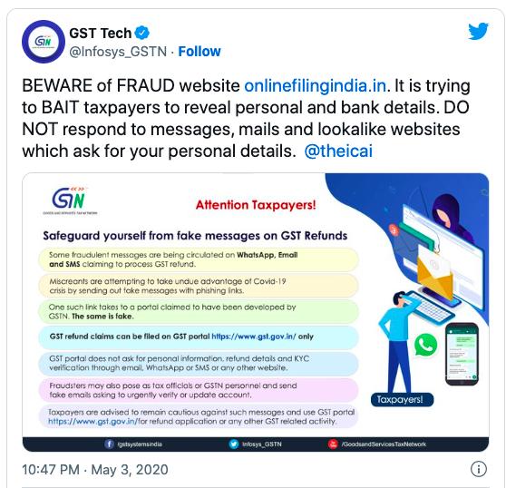 GST Tech warning screenshot advising taxpayers to avoid fraudulent websites and protect personal details